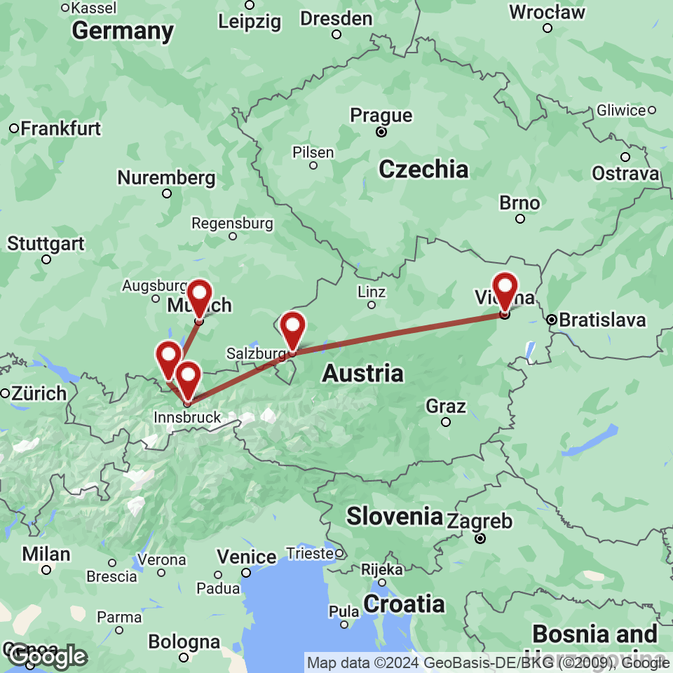 Route for Munich, Garmisch-Partenkirchen, Innsbruck, Salzburg, Vienna tour